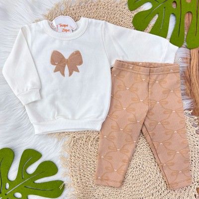 Conj. Casaco de Moletom Laço e Calça Legging Corações - Areia e Off White